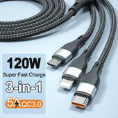 5A 120W 3 az 1-ben gyorstöltő USB-C típusú kábel iPhone Xiaommi Huawei Samsung Micro támogatáshoz QC3.0 adatvonalas telefontartozékok