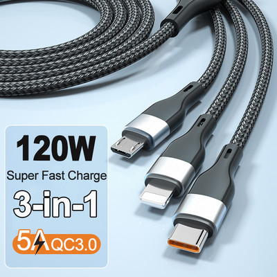 5A 120W 3in1 greito įkrovimo USB į C tipo laidą, skirtą iPhone Xiaommi Huawei Samsung Micro Support QC3.0 duomenų linijos telefono priedai