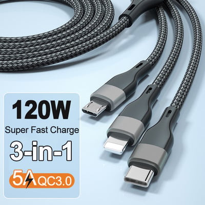 5A 120W 3 az 1-ben gyorstöltő USB-C típusú kábel iPhone Xiaommi Huawei Samsung Micro támogatáshoz QC3.0 adatvonalas telefontartozékok