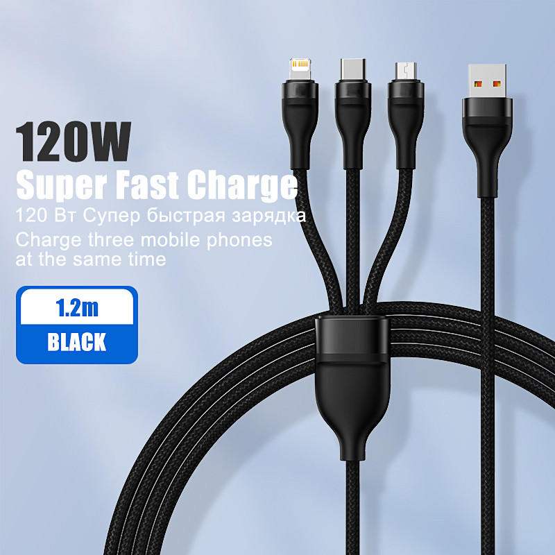 5A 120W 3 az 1-ben gyorstöltő USB-C típusú kábel iPhone Xiaommi Huawei Samsung Micro támogatáshoz QC3.0 adatvonalas telefontartozékok