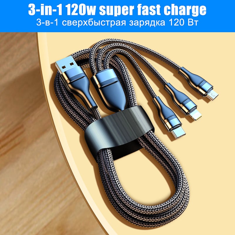 5A 120W 3 az 1-ben gyorstöltő USB-C típusú kábel iPhone Xiaommi Huawei Samsung Micro támogatáshoz QC3.0 adatvonalas telefontartozékok