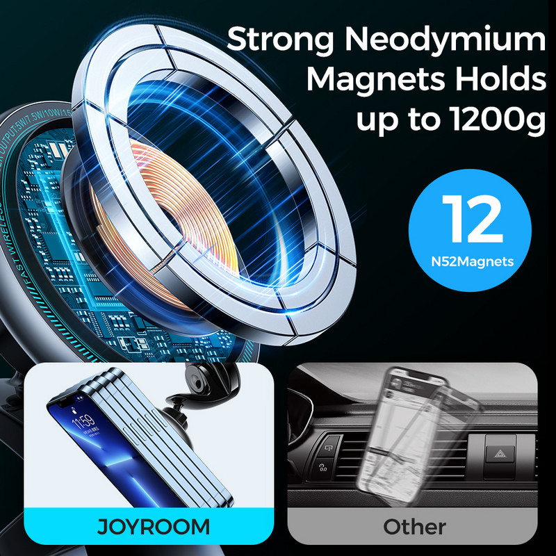 Joyroom Blue Light Magnetski držač za telefon u automobilu Brzi bežični punjač za iPhone 13 12 Pro Max Auto punjač Metalni držač za telefon u automobilu