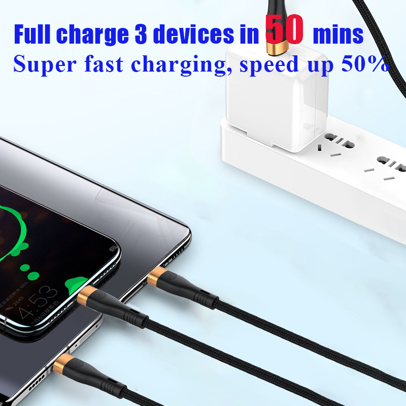 100 W-os gyorstöltő C típusú kábel 3 az 1-ben nylon fonott PD adatvonal MacBook iPad Pro Xiaomi Samsung Oneplus mobiltelefonhoz