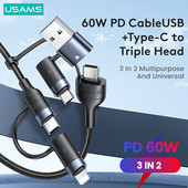 USAMS U62 60W 3 u 2 kabel za brzo punjenje podatkovni kabel za iPhone 14 13 12 Mini Pro Max MacBook iPad Air Pro Huawei Xiaomi Samsung