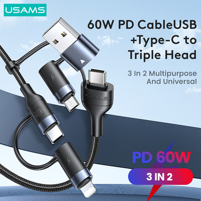 USAMS U62 60W 3 in 2 kaabel kiirlaadimise andmekaabel iPhone 14 13 12 Mini Pro Max MacBook iPad Air Pro jaoks Huawei Xiaomi Samsung