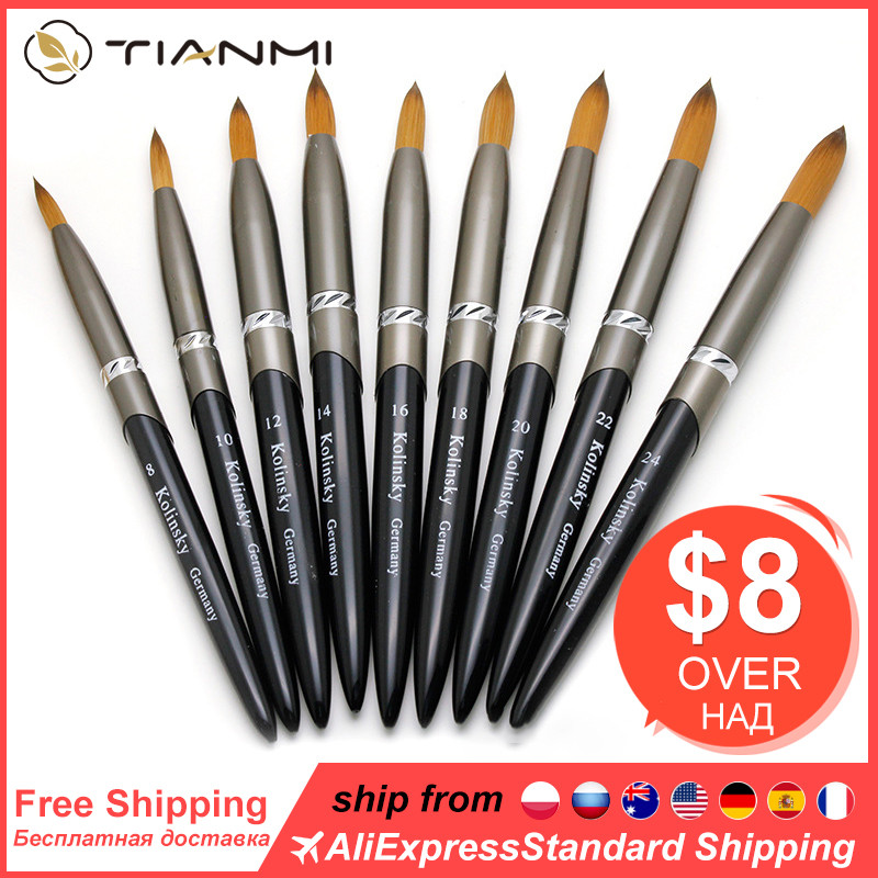 TIANMI 2020 Pure Kolinsky Round Sharp Nail Tool fém nyél 10#12#14#16#18#20#22#24 Professzionális körömfestő akril ecset