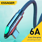 Essager 6A USB Type C kaabel Huawei Mate 40 Pro Samsungi 66W LED-kiirlaadimise USB-C laadija kaabel 90-kraadise kaabli andmejuhe