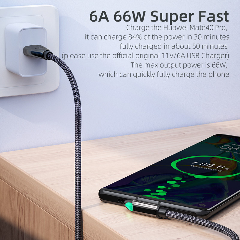 Essager 6A USB Type C kaabel Huawei Mate 40 Pro Samsungi 66W LED-kiirlaadimise USB-C laadija kaabel 90-kraadise kaabli andmejuhe
