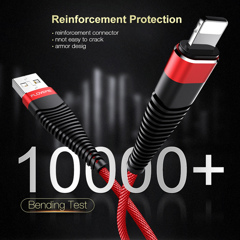 FLOVEME nagy szakítós USB-kábel iPhone-hoz,5V/2A Charge Data Sync 1m 2m fonott telefonkábel Apple iPhone 7 X 6 8 Plus 10 Cabo telefonhoz