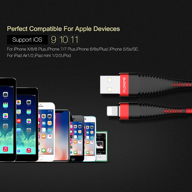 FLOVEME nagy szakítós USB-kábel iPhone-hoz,5V/2A Charge Data Sync 1m 2m fonott telefonkábel Apple iPhone 7 X 6 8 Plus 10 Cabo telefonhoz