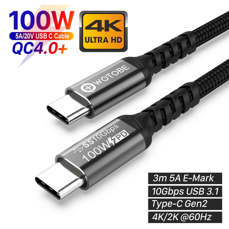 Cablu USB-C la C de 3m 10ft 5A E-MARK PD100W USB 3.1 Gen2 10Gbps 4K 60Hz Video Linie de alimentare din aliaj de țesut din nailon pentru computere laptopuri
