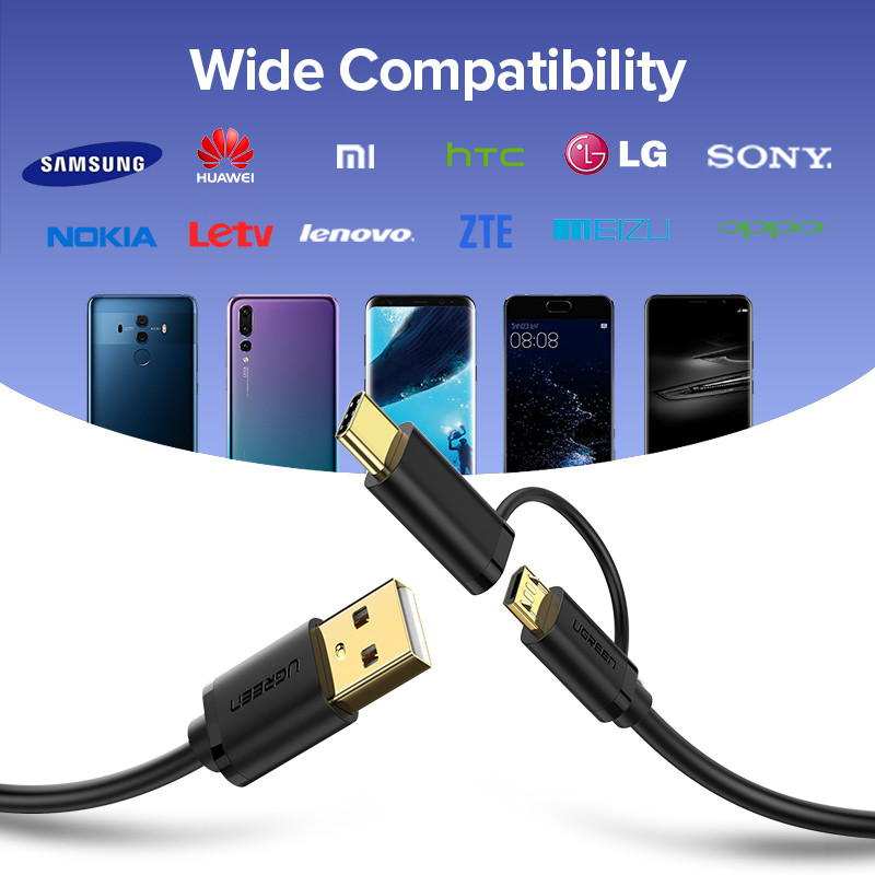 Ugreen USB tip C kabel za Samsung Galaxy S10 S9 Plus 2 u 1 mikro USB kabel za brzo punjenje za Xiaomi tablet Android USB kabel