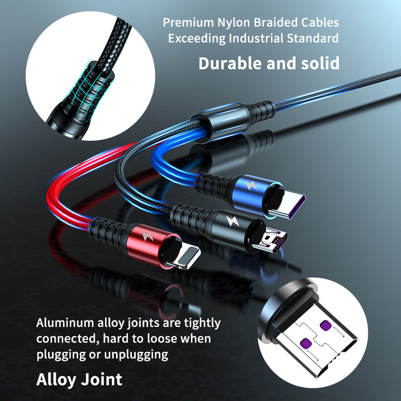 3 v 1 USB kábel pre Huawei pre iPhone 11 Pro Max 3 v 1 2 v 1 super rýchly nabíjací kábel 8-pinový kábel Micro USB typu C pre Xiaomi