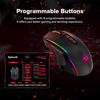 Redragon Gaming Mouse M910-KS RANGER LITE USB-C кабелна 2.4G безжична мишка за геймъри, RGB подсветка, 8000 DPI, програмируем бутон