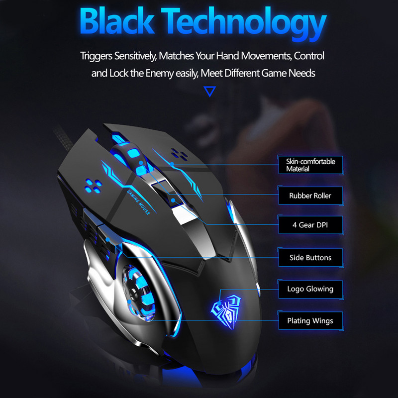 AULA S20 Professzionális Gaming Mouse 2400 DPI Állítható USB Vezetékes Háttérvilágítású Ergonomikus Optikai LED Egér Számítógépes Laptop PC-hez