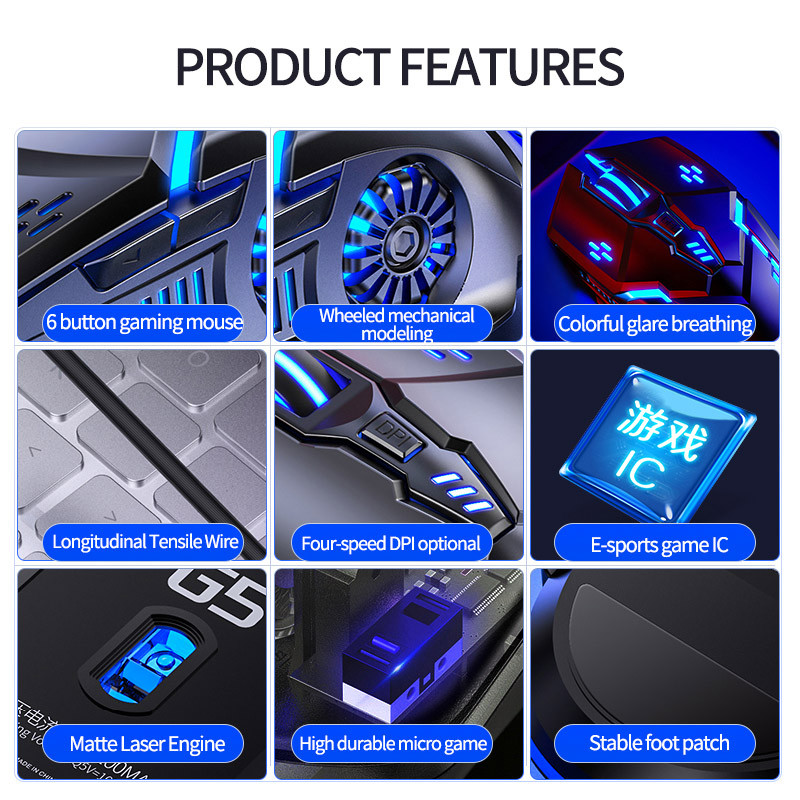 Profession vezetékes egér G5 6 gombos 3200 DPI kapcsoló LED optikai USB számítógépes egér Játékegér Csendes egér asztali laptophoz