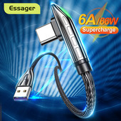 Essager 66W USB tipo C laidas, skirtas Huawei P40 Mate 40 30 Pro 6A 5A greito įkrovimo USB-C USBC įkroviklis 90 laipsnių c tipo duomenų laidas