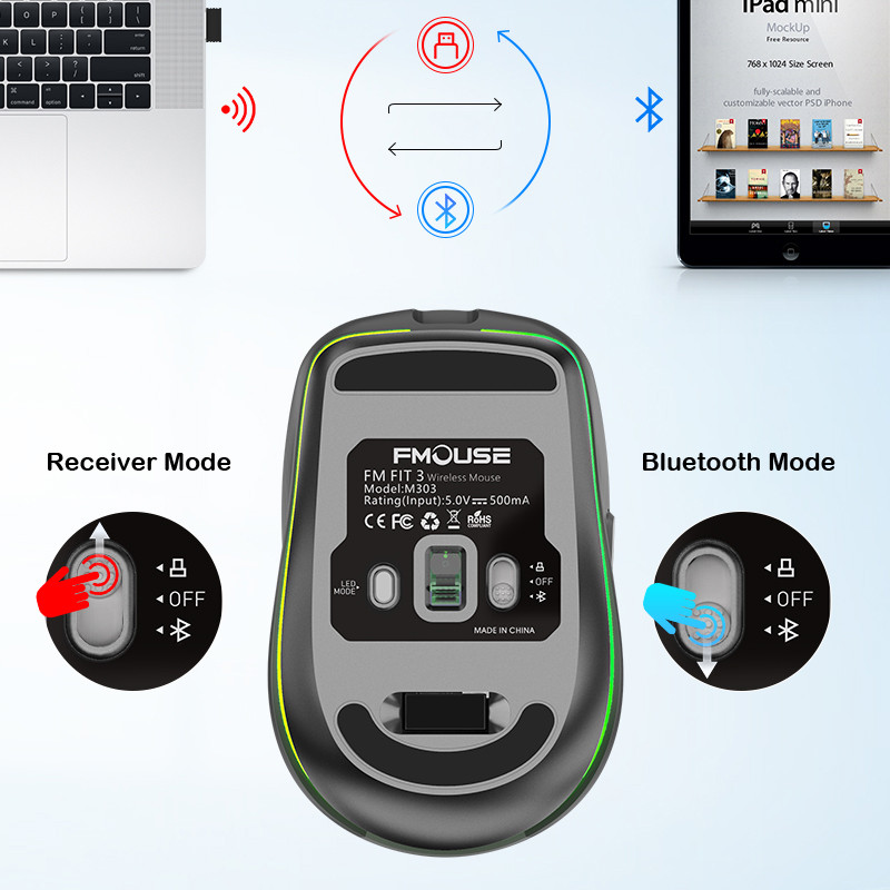 Eredeti FMOUSE M303 vezeték nélküli egér Type-C Bluetooth&2.4G kettős üzemmódú újratölthető RGB egér USB vevő 4 DPI állítható hangerővel