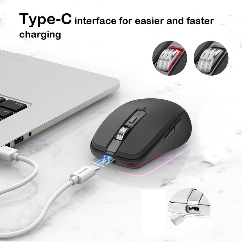 Eredeti FMOUSE M303 vezeték nélküli egér Type-C Bluetooth&2.4G kettős üzemmódú újratölthető RGB egér USB vevő 4 DPI állítható hangerővel