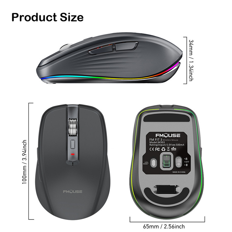 Eredeti FMOUSE M303 vezeték nélküli egér Type-C Bluetooth&2.4G kettős üzemmódú újratölthető RGB egér USB vevő 4 DPI állítható hangerővel