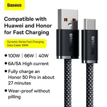 Baseus 100W Fast Charging USB C Cable For Honor 50 Pro 66W 40W Type C Cable Charger For Huawei P50 P40 P30 Mate 40 Mate 30 Pro
