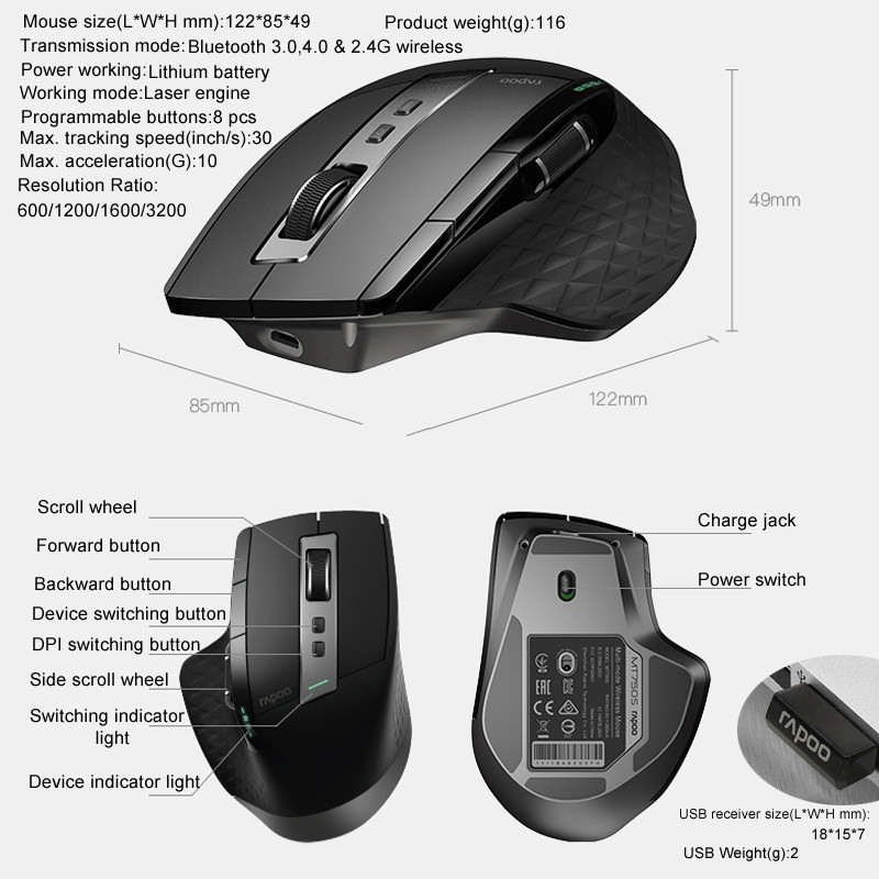 Originalni Rapoo punjivi bežični miš s više načina rada, jednostavno prebacivanje između 2.4G i Bluetooth-kompatibilnog za PC i Mac