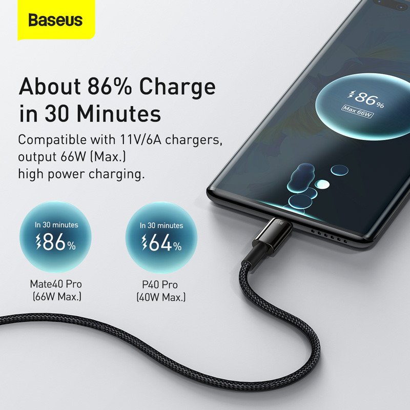 Baseus 6A USB Type C kábel Gyorstöltés Huawei Mate 40 P40 Samsung 66W 5A SCP FCP USB C gyorstöltő adatkábel Xiaomihoz