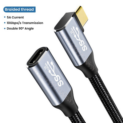 HD 4K USB C prailginimo laidas 100 W PD 5A stačiu kampu sulenktas 90 laipsnių Gen 2 USB 3.1 tipo C ilgintuvas, skirtas Macbook Samsung nešiojamam kompiuteriui