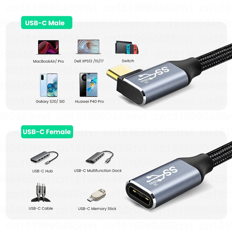 HD 4K USB C prailginimo laidas 100 W PD 5A stačiu kampu sulenktas 90 laipsnių Gen 2 USB 3.1 tipo C ilgintuvas, skirtas Macbook Samsung nešiojamam kompiuteriui