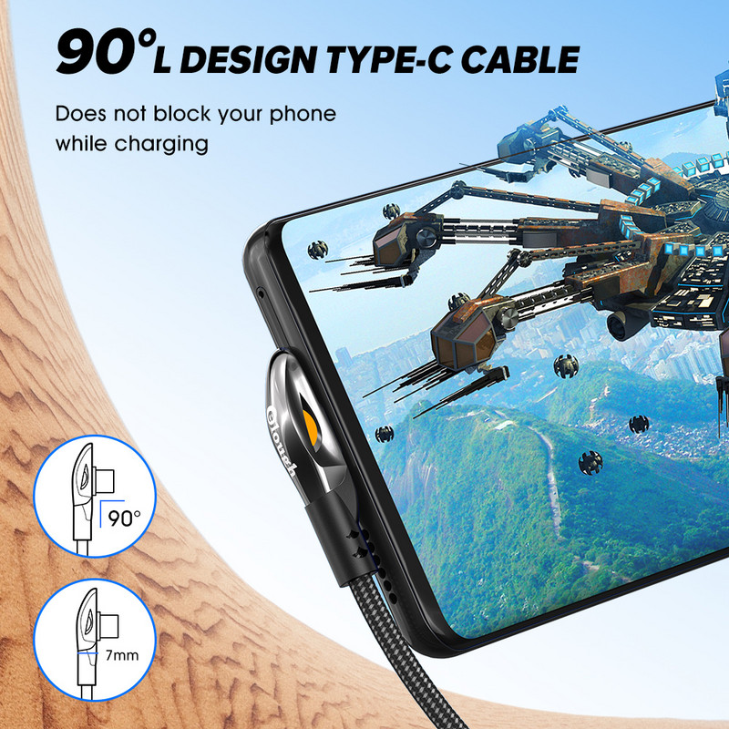 Elough USB Type C kábel 90 fokos 66W 6A gyorstöltő töltő Type C kábel Xiaomi Mi 10 Huawei P40 Mate 40 dátumú kábel vezetékhez