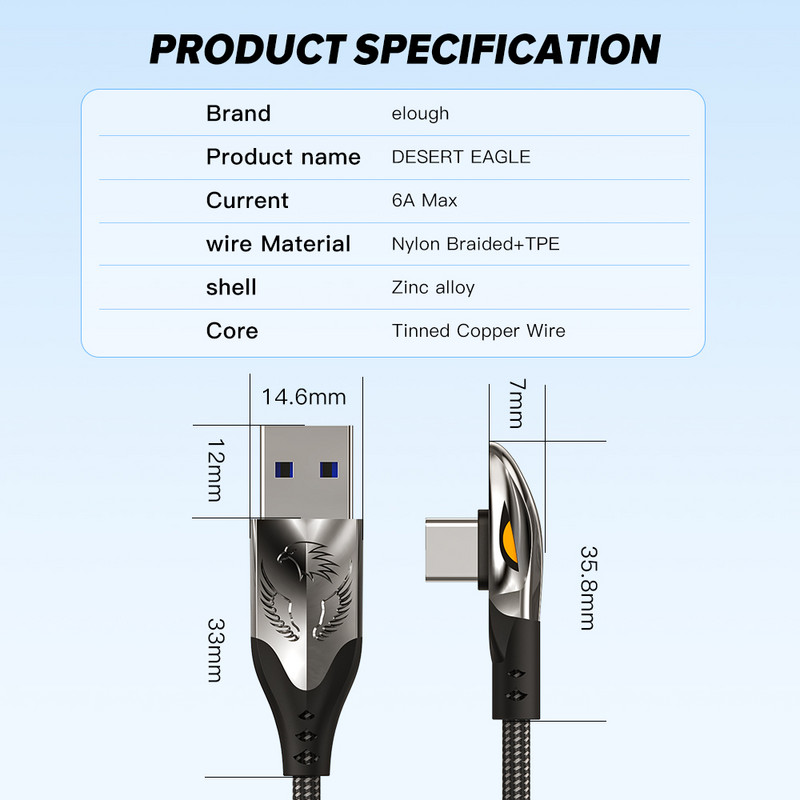Elough USB Type C kábel 90 fokos 66W 6A gyorstöltő töltő Type C kábel Xiaomi Mi 10 Huawei P40 Mate 40 dátumú kábel vezetékhez