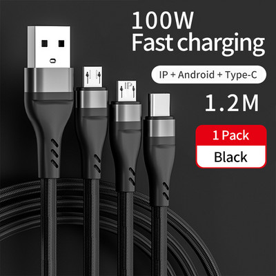 3 az 1-ben fonott Micro USB Type C kábel 100 W okostelefon töltőkábel iPhone 13 Pro Xiaomi Huawei 6A gyorstöltő adatvonalhoz
