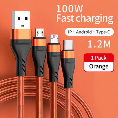 3 az 1-ben fonott Micro USB Type C kábel 100 W okostelefon töltőkábel iPhone 13 Pro Xiaomi Huawei 6A gyorstöltő adatvonalhoz