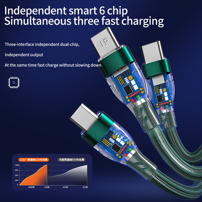 3 az 1-ben fonott Micro USB Type C kábel 100 W okostelefon töltőkábel iPhone 13 Pro Xiaomi Huawei 6A gyorstöltő adatvonalhoz