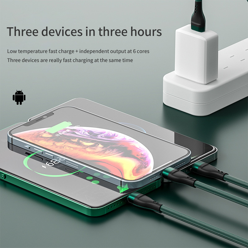 3 az 1-ben fonott Micro USB Type C kábel 100 W okostelefon töltőkábel iPhone 13 Pro Xiaomi Huawei 6A gyorstöltő adatvonalhoz