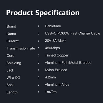 CABLETIME PD 60W кабел USB C към USB Type-C QC 4.0 Кабел за данни за бързо зареждане за Xiaomi Redmi Macbook Air Samsung S10 C255