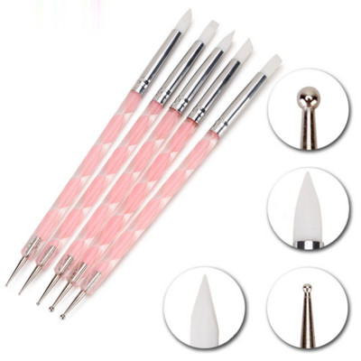 5Pcs 2 Way Nail Art Akrilne silikonske šiljaste olovke za nokte s dvostrukom glavom Alati za crtanje od nehrđajućeg čelika Olovke za marmoriranje
