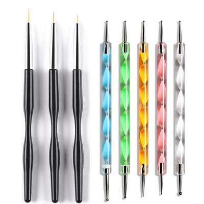 20 db/szett köröm French Line ecsetek kezdőkészlet akril UV körömkefe gél lakk ecset Kétirányú Dot Pen Art Design festőeszközök