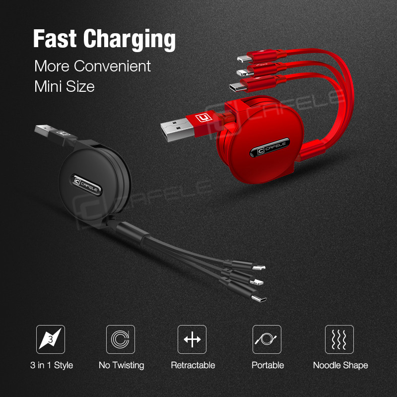 „Cafele“ ištraukiamas „3 viename“ USB laidas skirtas „iPhone“ ir „Micro USB“ bei C tipo laidas Greitas įkrovimas nešiojamasis kabelis, apšvietimas usb c
