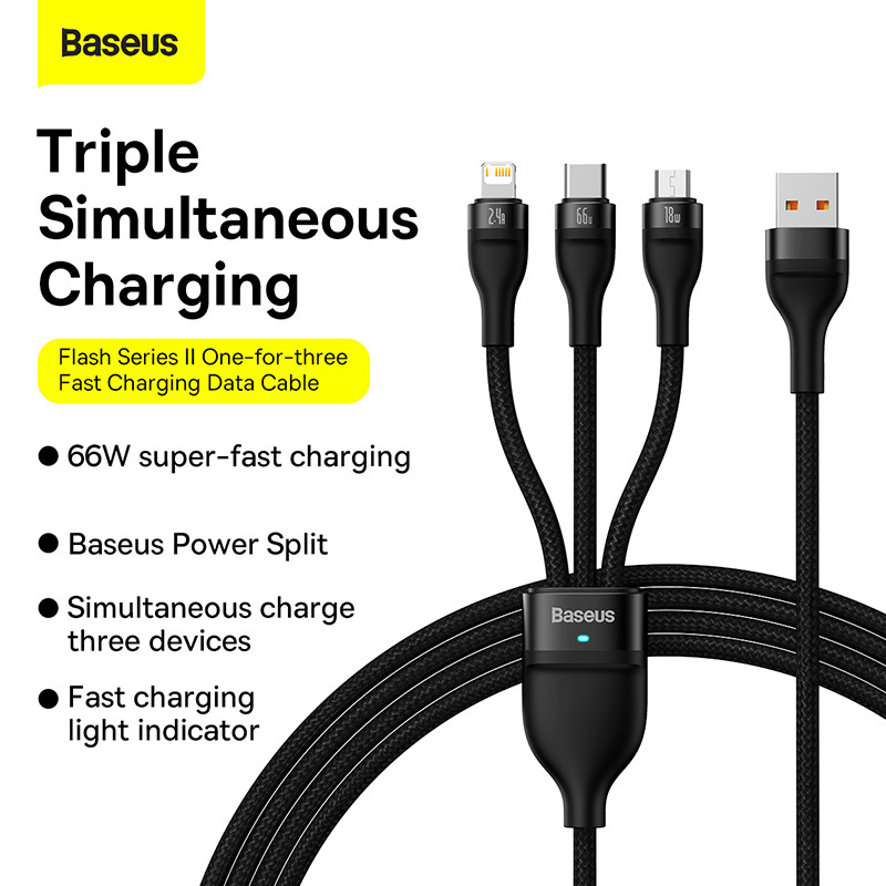 Baseus PD66W 3 in 1 Type C Micro USB Lightning Cable iPhone 13 12 Pro 11 XR įkroviklio duomenų kabelis, skirtas Huawei Samsung Xiaomi
