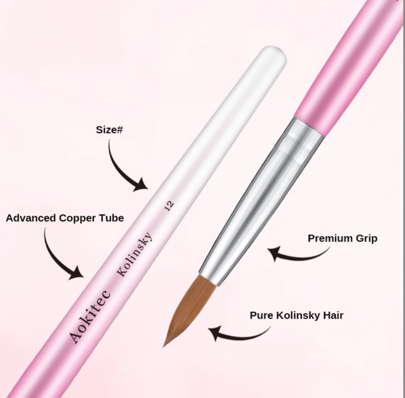 Kolinsky Sable nagų šepetėlis gradientas Pink Metallic Barrel apvalios formos nagų dailės šepetėlis akrilo dengimui Manikiūro įrankis #8-#22