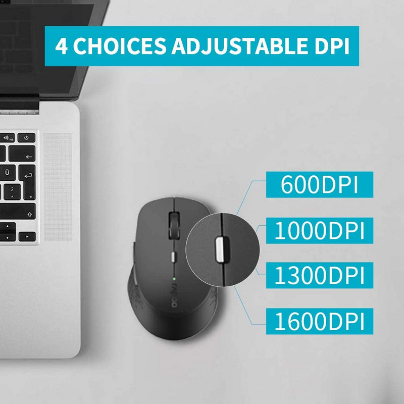 Nauja „Rapoo“ kelių režimų tyli belaidė pelė su 1600 DPI suderinama su „Bluetooth“ ir 2,4 GHz, skirta trijų įrenginių prijungimui