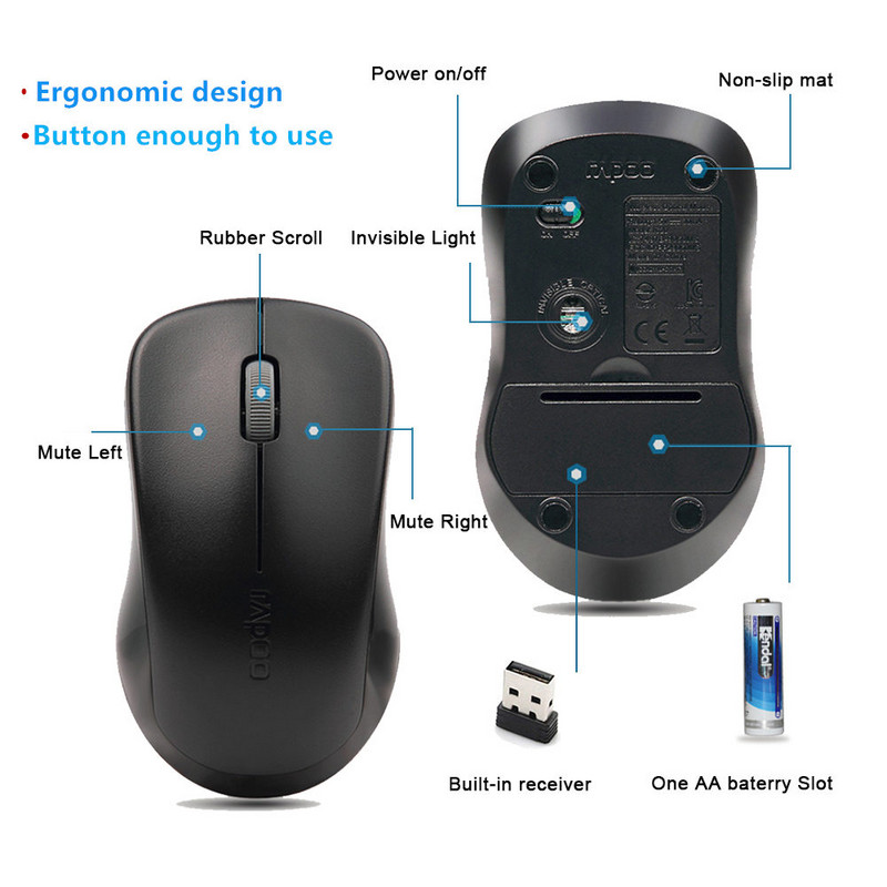 Originalus Rapoo Silent Wireless Optical Mouse Nutildymo mygtukas Click Mini Noiseless Game Mice 1000 DPI, skirtas Macbook PC nešiojamam kompiuteriui