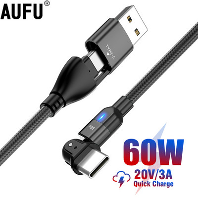 AUFU 60W USB C - USB Type C kábel PD gyorstöltő kábel USB-C Type-c kábel Xiaomi Samsung Macbook iPadhez Data SYNC 180 Rotate