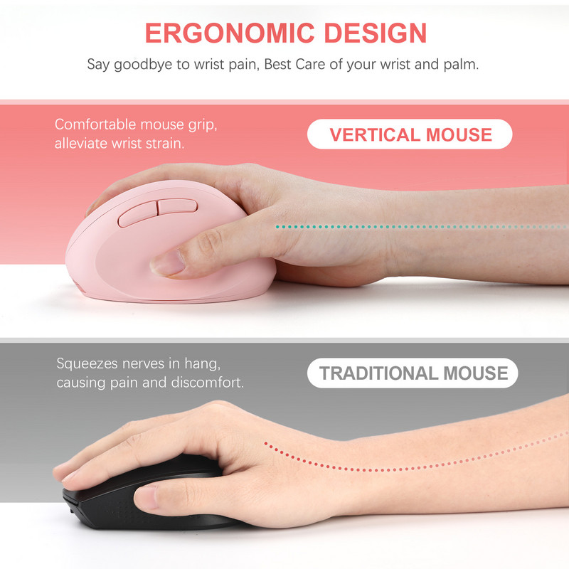 Jelly comb 2,4 GHz bežični miš za prijenosno računalo Punjivi ergonomski okomiti ružičasti miš Optički miševi s 3 podesiva DPI-ja