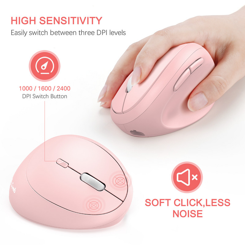 Jelly comb 2,4 GHz bežični miš za prijenosno računalo Punjivi ergonomski okomiti ružičasti miš Optički miševi s 3 podesiva DPI-ja