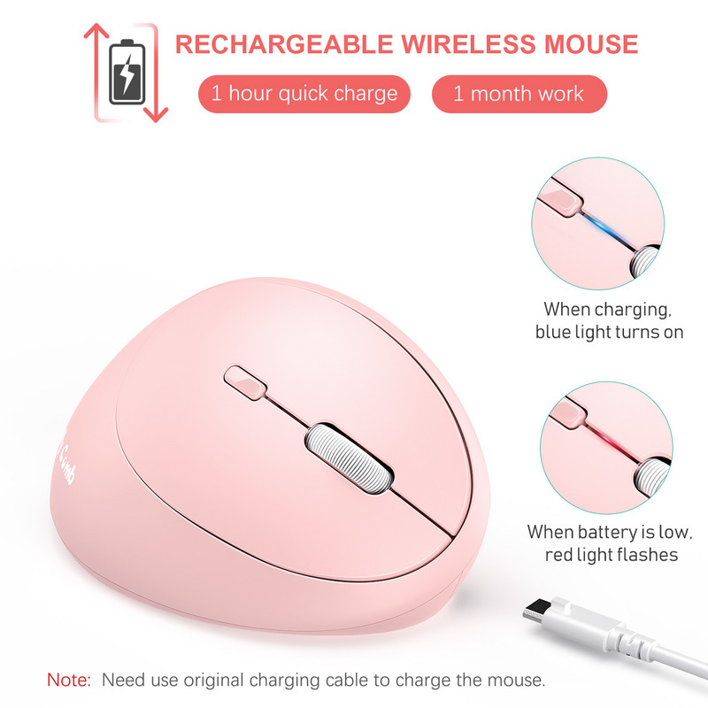 Jelly comb 2,4 GHz bežični miš za prijenosno računalo Punjivi ergonomski okomiti ružičasti miš Optički miševi s 3 podesiva DPI-ja