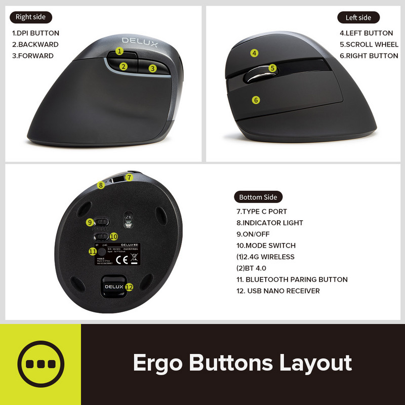Delux M618ZD balkezes, ergonomikus vezeték nélküli függőleges egér Bluetooth 2,4 GHz RGB újratölthető csendes egerek irodai használatra