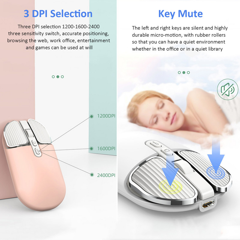 2.4G kettős modell vezeték nélküli Bluetooth 5.0 újratölthető csendes aranyos egér Hosszú készenléti többgombos egér IOS PC notebookhoz