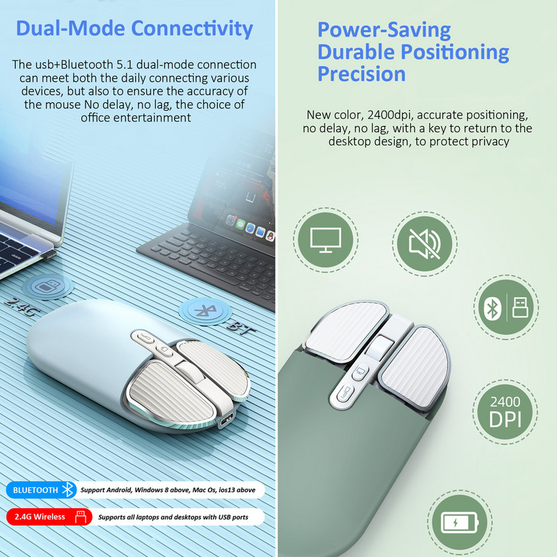 2.4G kettős modell vezeték nélküli Bluetooth 5.0 újratölthető csendes aranyos egér Hosszú készenléti többgombos egér IOS PC notebookhoz